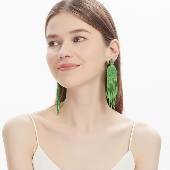 Long Boho Green Beaded Tassel Fringe Dangling Drop Fan Chandelier Post Earrings - Picture 5 of 7